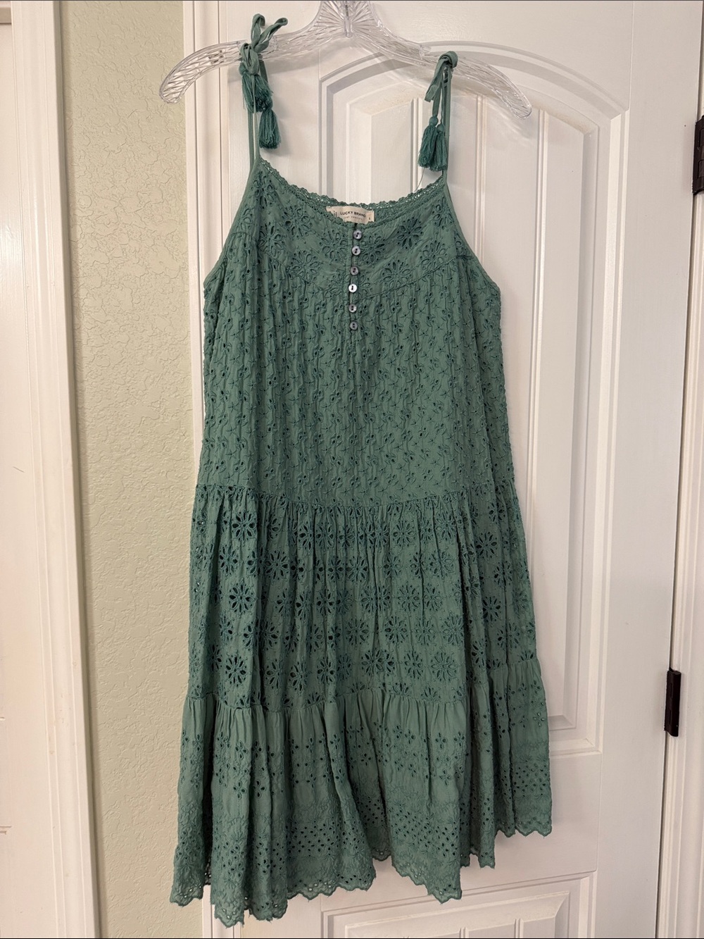 Lucky Brand Green Eyelet Midi Dress with Tie Straps